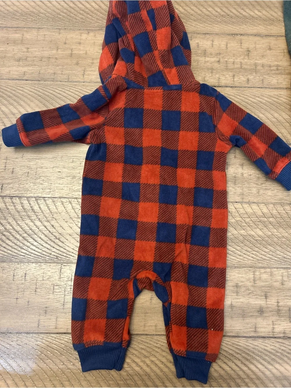 0-3M Baby Boy Cozy Buffalo Plaid Hooded One-Piece - Red & Navy